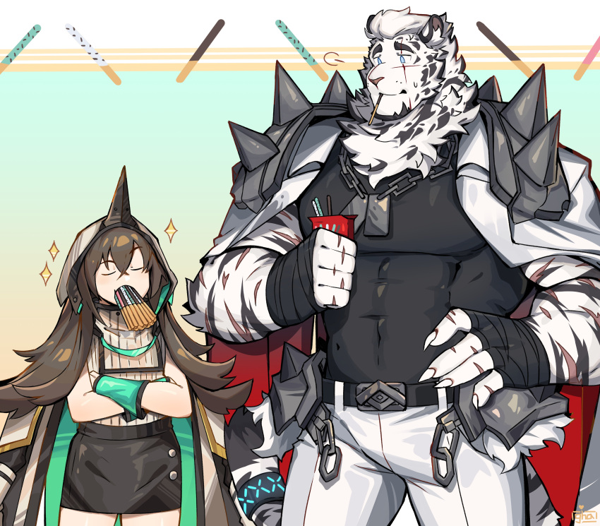 1boy 1girl absurdres animal_ears arknights bara black_tank_top chain_necklace character_request covered_abs covered_navel facial_hair feet_out_of_frame food food_in_mouth furry furry_male goatee graysheartart highres holding holding_food holding_pocky jewelry large_pectorals looking_at_another mountain_(arknights) muscular muscular_male necklace pectorals pocky pocky_day pocky_in_mouth scar scar_across_eye scar_on_arm short_hair shoulder_spikes sigh spikes standing tank_top thick_eyebrows tiger_boy tiger_ears white_hair