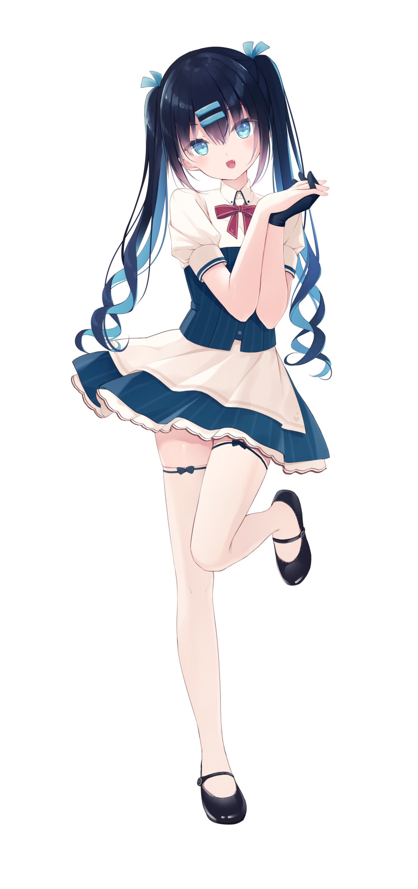 1girl :d absurdres apron black_bow black_footwear black_gloves black_hair blue_eyes blue_hair blue_ribbon blue_skirt blush bow bow_legwear collared_shirt commentary fang full_body gloves hair_between_eyes hair_ornament hair_ribbon hairclip head_tilt heart highres humuyun interlocked_fingers long_hair looking_at_viewer mary_janes multicolored_hair original own_hands_clasped own_hands_together puffy_short_sleeves puffy_sleeves red_bow ribbon shirt shoes short_sleeves simple_background single_glove skindentation skirt smile solo standing standing_on_one_leg striped striped_skirt symbol-only_commentary thighhighs tsukune_(humuyun) twintails two-tone_hair vertical-striped_skirt vertical_stripes very_long_hair waist_apron waitress white_apron white_background white_shirt white_thighhighs