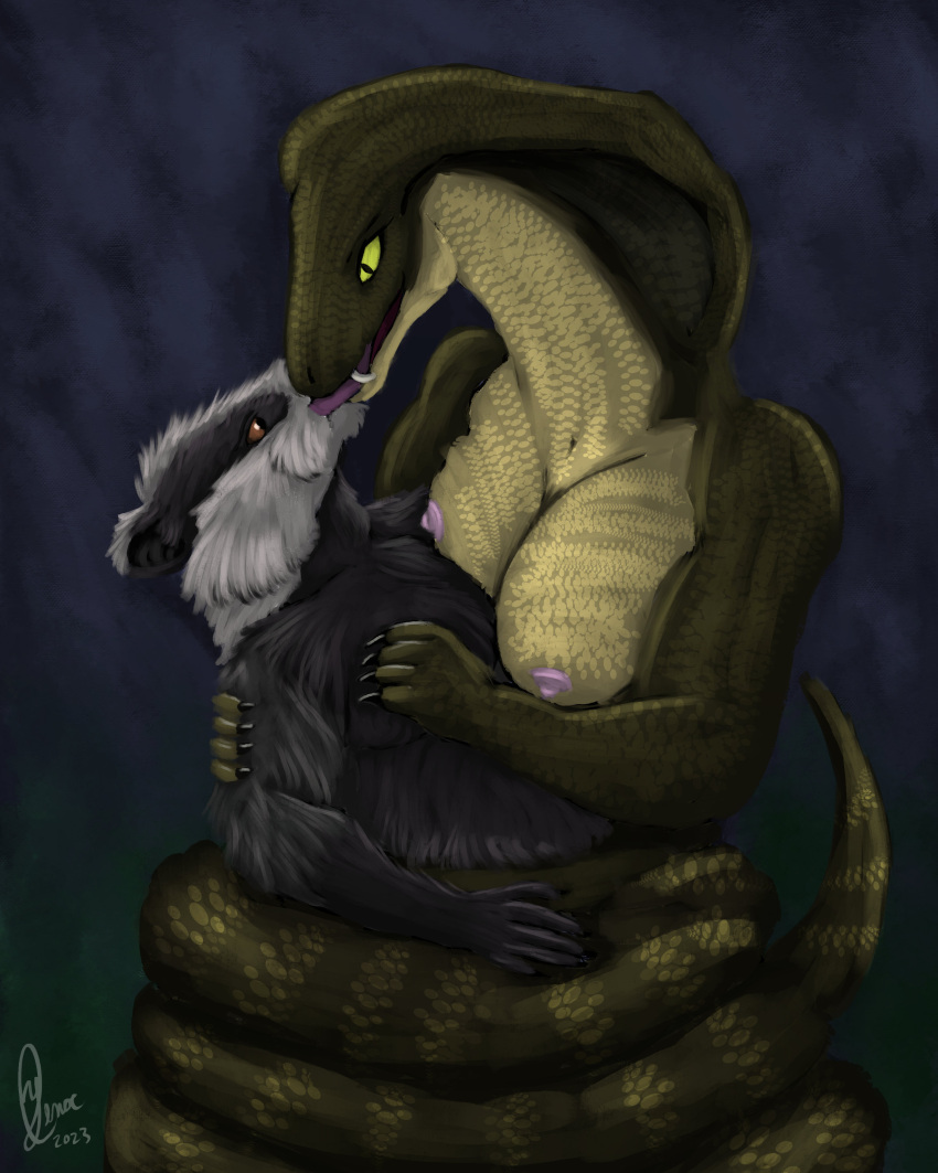 absurd_res anthro badger black_and_white_fur breasts brown_eyes chubby_male coiling duo fangs female fur godret'nu_(uncrom) green_eyes hi_res ivan_(uncrom) kissing male male/female mammal mustelid musteline neck_bulge nipples reptile scales scalie simple_background snake teeth uncrom yenocwolf