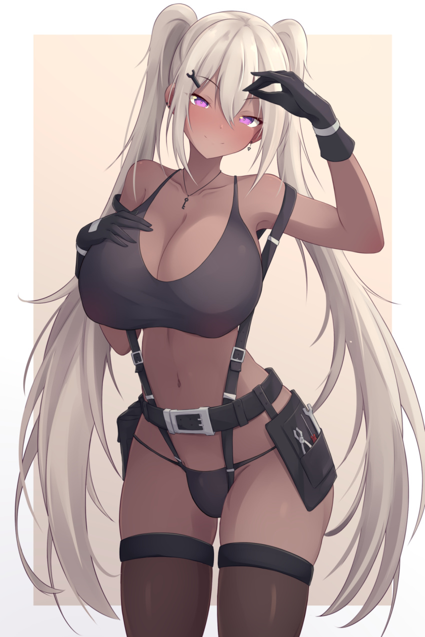 1girl belt belt_pouch black_belt black_bra black_gloves black_panties black_thighhighs border bra breasts brown_background bulge closed_mouth collarbone cowboy_shot dark-skinned_female dark_skin double-parted_bangs earclip earrings futanari gloves hand_on_own_chest hand_up highres jewelry key_necklace large_breasts light_brown_hair long_hair looking_at_viewer navel necklace original outside_border panties pliers pouch purple_eyes screwdriver smile solo split_mouth stomach string_panties thighhighs trimbil twintails underwear very_long_hair white_border wrench wrench_hair_ornament