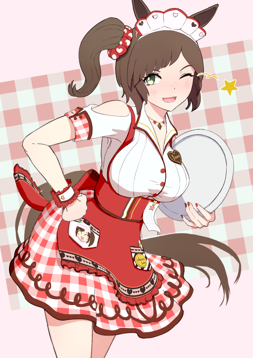 1girl ;d absurdres agepan._(pangcha3324) animal_ears apron breasts brown_hair cowboy_shot diagonal_bangs freckles green_eyes hair_ornament hair_scrunchie heart_on_chest highres holding holding_tray horse_ears horse_girl horse_tail ines_fujin_(melty_gift)_(umamusume) ines_fujin_(umamusume) large_breasts looking_at_viewer name_tag one_eye_closed print_scrunchie red_apron red_scrunchie scrunchie side_ponytail smile solo tail tray umamusume waitress