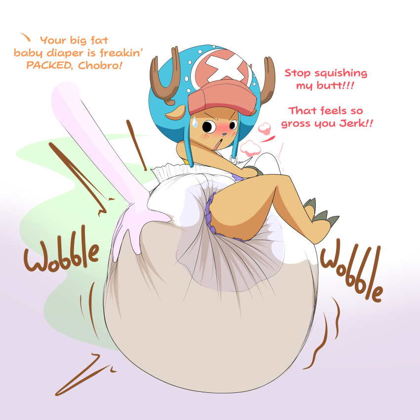 2021 absurd_res anthro antlers big_diaper blue_clothing blue_hat blue_headwear blush bodily_fluids bulge chocomintshake clothed clothing deer dialogue diaper diaper_fetish disembodied_hand duo english_text erection erection_in_diaper erection_under_clothing feces full_diaper hand_on_diaper hat headgear headwear hi_res horn male mammal messy_diaper new_world_deer one_piece onomatopoeia open_mouth reindeer simple_background soiled_diaper soiling sound_effects stink_lines sweat sweatdrop text tony_tony_chopper touching_diaper white_background
