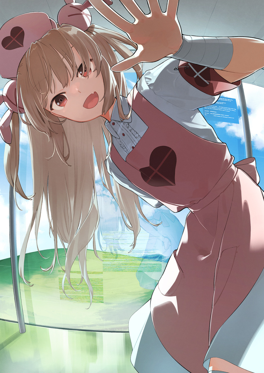 &gt;_&lt; 1girl :d apron armband bandaged_wrist bandages blonde_hair blue_sky center_frills collared_dress commentary_request dress frills grass hair_ornament hat heart heart_print highres leaning_to_the_side long_hair looking_at_viewer nakatani_nio natori_sana nurse_cap open_mouth pink_apron pink_headwear puffy_short_sleeves puffy_sleeves rabbit_hair_ornament red_armband red_eyes sana_channel short_sleeves sky smile solo standing two_side_up virtual_youtuber waving white_dress window_(computing)