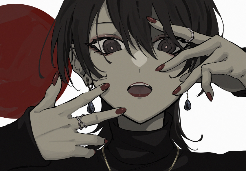 1girl absurdres black_eyes black_hair black_shirt brown_eyes earrings fingernails gold_necklace hair_between_eyes highres jewelry long_sleeves looking_at_viewer looking_through_fingers mujikuro multiple_rings nail_polish necklace open_mouth original portrait red_nails ring shirt short_hair simple_background sleeves_past_wrists solo turtleneck white_background wolf_cut