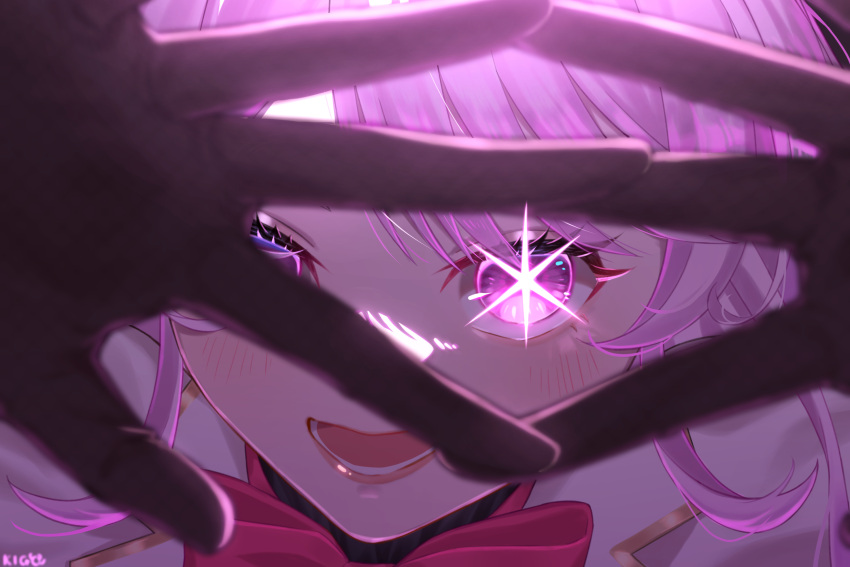 1girl :d black_gloves blurry blurry_foreground bow close-up edogawa_kigoro gloves glowing glowing_eye highres idol_(yoasobi) lace lace_gloves lips looking_at_viewer looking_through_fingers maria_marionette nijisanji nijisanji_en open_mouth oshi_no_ko pink_eyes pink_hair portrait red_bow signature smile solo sparkling_eyes star-shaped_pupils star_(symbol) symbol-shaped_pupils