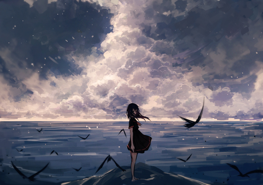 1girl arm_at_side axleaki barefoot bird black_dress black_eyes cloud cloudy_sky commentary dress english_commentary floating_hair highres long_hair looking_at_viewer neckerchief ocean original outdoors pleated_dress red_neckerchief sailor_dress scenery school_uniform short_sleeves sky solo standing wide_shot