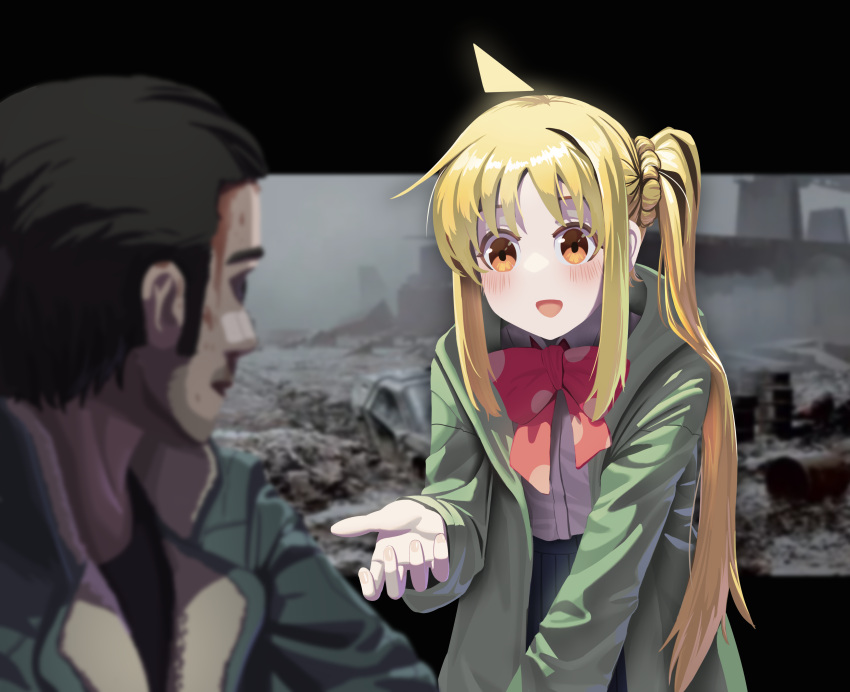 1boy 1girl absurdres black_hair blade_runner_2049 blonde_hair blood blood_on_face blue_skirt bocchi_the_rock! bow braid collared_shirt crossover detached_ahoge green_jacket hand_up highres ijichi_nijika injury jacket k_(blade_runner_2049) light_blush long_hair myjet open_mouth orange_eyes pleated_skirt red_bow school_uniform shirt short_hair side_ponytail skirt white_shirt