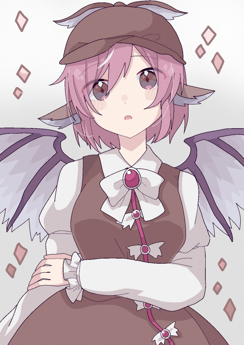 1girl animal_ears bird_ears bird_wings blush brown_dress brown_headwear collared_shirt dress frilled_sleeves frills hat highres long_sleeves looking_at_viewer mystia_lorelei open_mouth pink_eyes pink_hair shirt short_hair solo touhou upper_body white_shirt white_wings winged_hat wings yuzupon_(yuzuponpon)