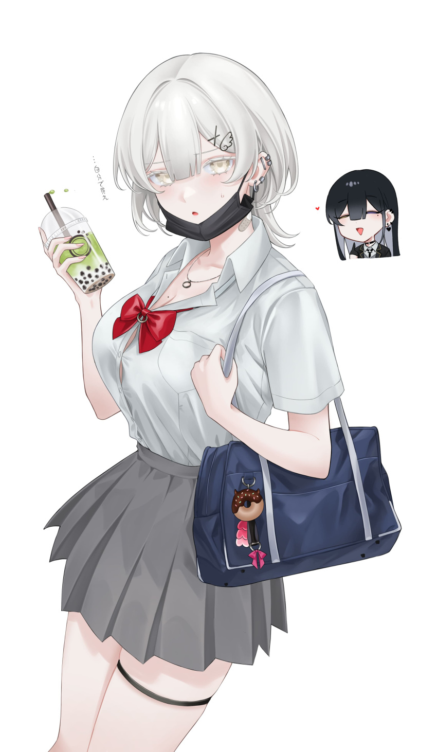 2girls absurdres bag barbell_piercing black_hair black_mask bow bowtie breasts bubble_tea button_gap collared_shirt cup disposable_cup dress_shirt drink drinking_straw gfpebs grey_skirt hair_between_eyes hair_ornament hairclip highres holding holding_cup holding_drink jewelry large_breasts looking_at_viewer mask mask_pull miniskirt mole mole_on_breast mouth_mask multiple_girls necklace original piercing pleated_skirt red_bow red_bowtie ring_necklace school_bag school_uniform shirt short_hair short_sleeves simple_background skirt solo_focus surgical_mask sweatdrop thigh_strap white_background white_hair white_shirt wing_collar x_hair_ornament yellow_eyes