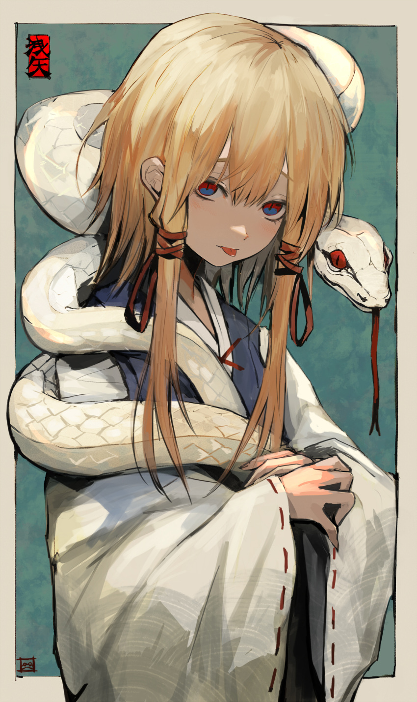 1girl absurdres adapted_costume animal blonde_hair blush hair_ribbon highres japanese_clothes kimono long_hair long_sleeves maho_moco mishaguji moriya_suwako no_headwear purple_kimono red_eyes red_ribbon ribbon ribbon-trimmed_sleeves ribbon_trim signature snake solo tongue tongue_out touhou tress_ribbon upper_body wide_sleeves