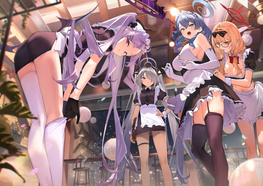 4girls 7gao ako_(blue_archive) alternate_costume apron black_gloves black_horns black_thighhighs blue_archive blue_eyes blue_hair blue_halo breasts brown_eyes chinatsu_(blue_archive) closed_mouth dark-skinned_female dark_skin demon_horns elbow_gloves enmaided flat_chest frilled_apron frills glasses gloves grey_hair grey_halo hair_between_eyes hair_over_one_eye halo highres hina_(blue_archive) horns indoors iori_(blue_archive) large_breasts light_brown_hair long_hair long_legs maid maid_apron multiple_girls navel open_mouth parted_lips pointy_ears prefect_team_(blue_archive) purple_eyes red-framed_eyewear red_eyes red_halo sideboob smile thigh_strap thighhighs very_long_hair white_apron white_gloves white_thighhighs