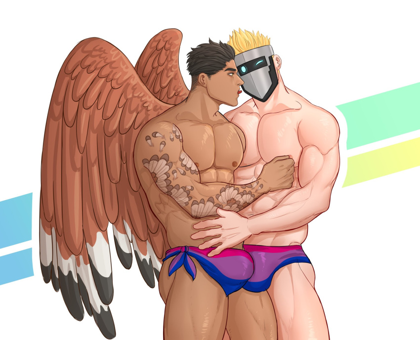 2boys abs artificial_eye bara bisexual_flag bisexual_flag_print blonde_hair blue_male_swimwear brown_feathers bulge bulge_press bulges_touching canadian_flag_print commission couple dark-skinned_male dark_skin feathered_wings feathers feet_out_of_frame flag_print hair_slicked_back hand_on_another's_shoulder highres indie_virtual_youtuber large_pectorals male_focus male_swimwear mask masked_himbo_(silvyspark) mature_male mechanical_eye mlacc multiple_boys muscular muscular_male nipple_tweak nipples one_eye_closed original pectorals pink_moon_stick print_male_swimwear purple_male_swimwear second-party_source short_hair shoulder_tattoo sideburns standing stomach swim_briefs tattoo thick_eyebrows thick_thighs thighs tongue tongue_out topless_male virtual_youtuber wings yaoi
