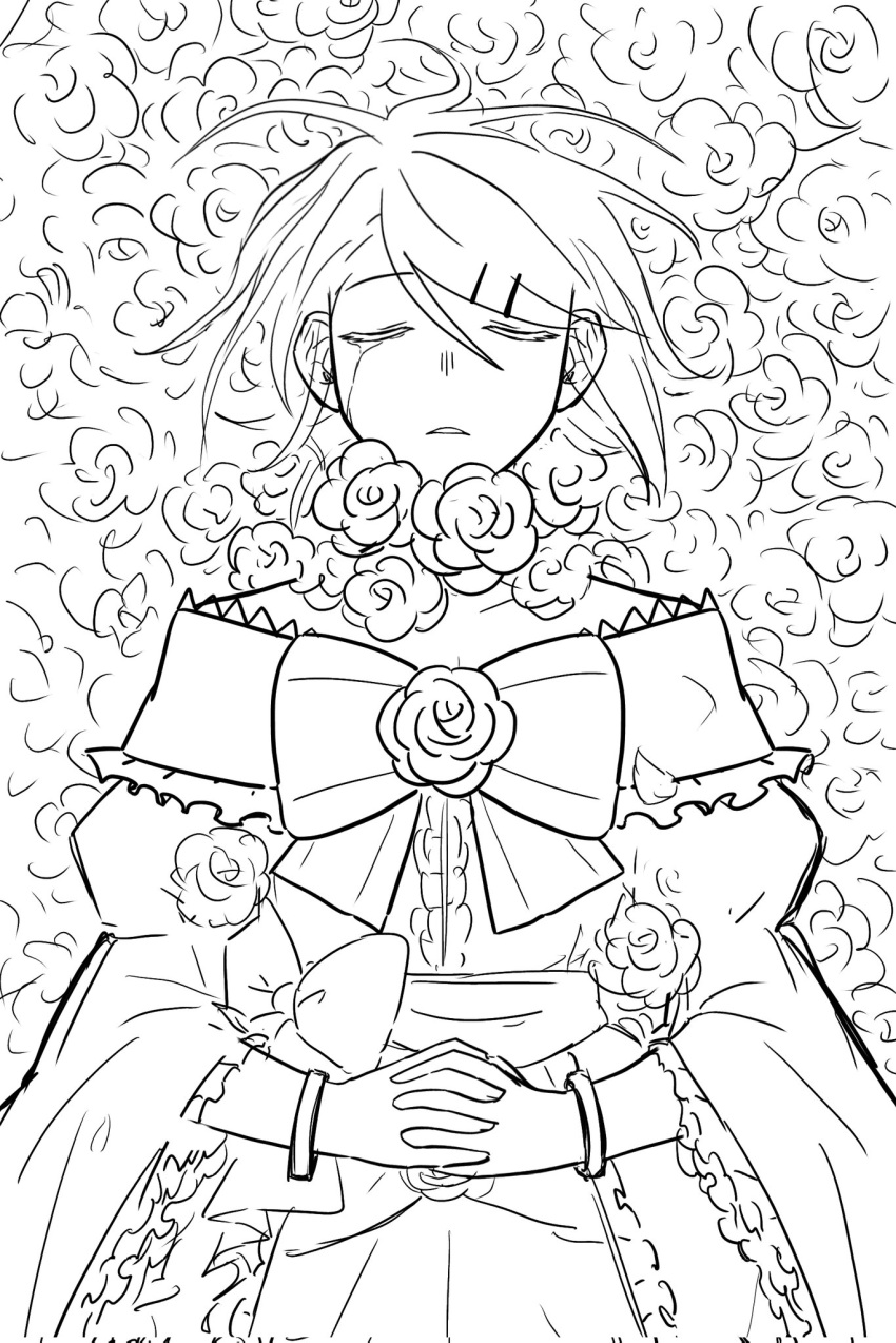 1boy aku_no_meshitsukai_(vocaloid) allen_avadonia bow closed_eyes commentary_request crossdressing crying decapitation dress dress_bow dress_flower evil_ziri evillious_nendaiki field flower flower_field frilled_sleeves frills greyscale hair_down hair_ornament hairclip hands_on_own_stomach highres impersonation korean_commentary lineart lying monochrome off-shoulder_dress off_shoulder on_back own_hands_clasped own_hands_together parted_lips petticoat sketch streaming_tears tears vocaloid wide_sleeves