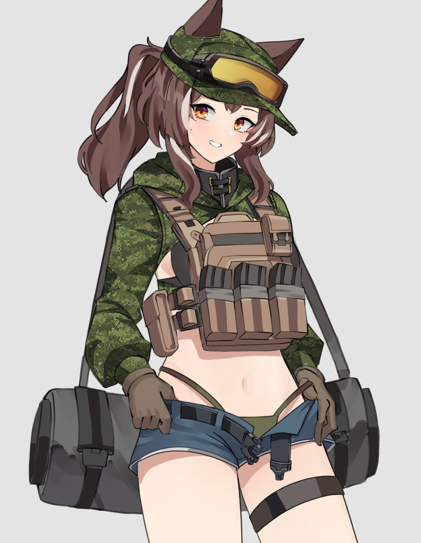 1girl absurdres animal_ears blue_shorts brown_hair camouflage camouflage_headwear chest_rig commission denim denim_shorts digital_camouflage fox_ears fox_girl gar32 green_headwear green_jacket green_panties grey_background highres jacket looking_at_viewer magazine_(weapon) original panties presenting shorts smile solo underwear