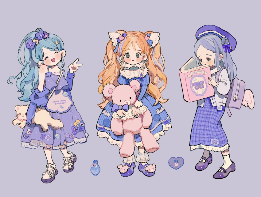 3girls ^_^ angel_wings animal_bag animal_print ankle_cuffs aqua_eyes backpack badge bag bare_shoulders beret blonde_hair blue_background blue_bow blue_cardigan blue_dress blue_hair blue_jacket blush_stickers book bottle bow bow_legwear butterfly_hair_ornament butterfly_print buttons cardigan cat closed_eyes closed_mouth collar collared_cardigan commentary dress dress_bow eyeshadow fashion flower frilled_collar frilled_sleeves frills frown full_body hair_bow hair_flower hair_ornament hairclip hat heart high_collar highres holding holding_book holding_stuffed_toy jacket jacket_partially_removed juliet_sleeves lace-trimmed_dress lace-trimmed_headwear lace_bow lace_collar lace_trim long_dress long_hair long_sleeves looking_at_viewer makeup mary_janes multicolored_hair multiple_girls multiple_hair_bows open_cardigan open_clothes open_jacket open_mouth original parted_lips patch perfume_bottle plaid plaid_dress pocket polka_dot polka_dot_dress puffy_sleeves purple_bag purple_bow purple_dress purple_eyeshadow purple_flower purple_footwear purple_hair purple_headwear putong_xiao_gou reading red_lips ribbon-trimmed_dress sandals see-through shoes shoulder_bag side_ponytail smile socks spaghetti_strap straight-on streaked_hair striped striped_bow striped_dress stuffed_animal stuffed_toy symbol-only_commentary teddy_bear two-tone_footwear v vertical-striped_dress vertical_stripes white_bag white_bow white_collar white_footwear white_socks white_wings winged_bag wings wrist_bow yellow_flower