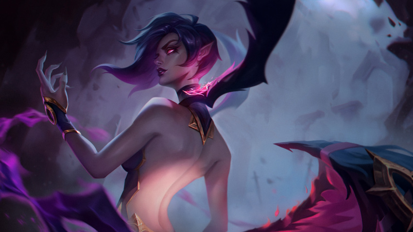 1girl absurdres backless_dress backless_outfit bare_shoulders dress eyeshadow fingernails from_side glowing glowing_eyes highres league_of_legends magic makeup medium_hair morgana_(league_of_legends) multiple_wings outdoors parted_lips pointy_ears purple_eyes purple_eyeshadow purple_hair purple_lips rock ruins sharp_fingernails smile solo sword upper_body weapon wings zhouzx1026