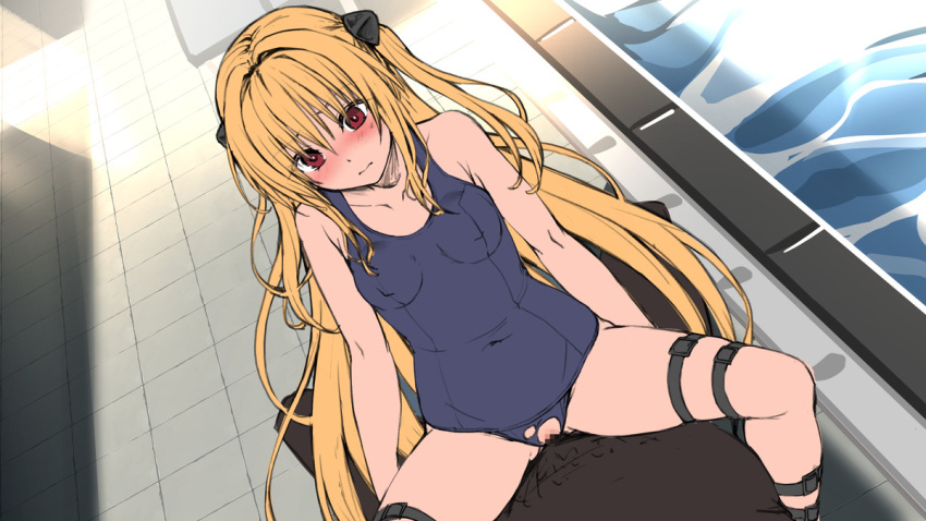 1boy 1girl bare_shoulders blonde_hair blush breasts collarbone covered_navel covered_nipples hetero konjiki_no_yami long_hair medium_breasts red_eyes school_swimsuit sex sitting skindentation solo_focus swimsuit thigh_strap tile_floor tiles to_love-ru torn_clothes torn_swimsuit touchuu_kasou water