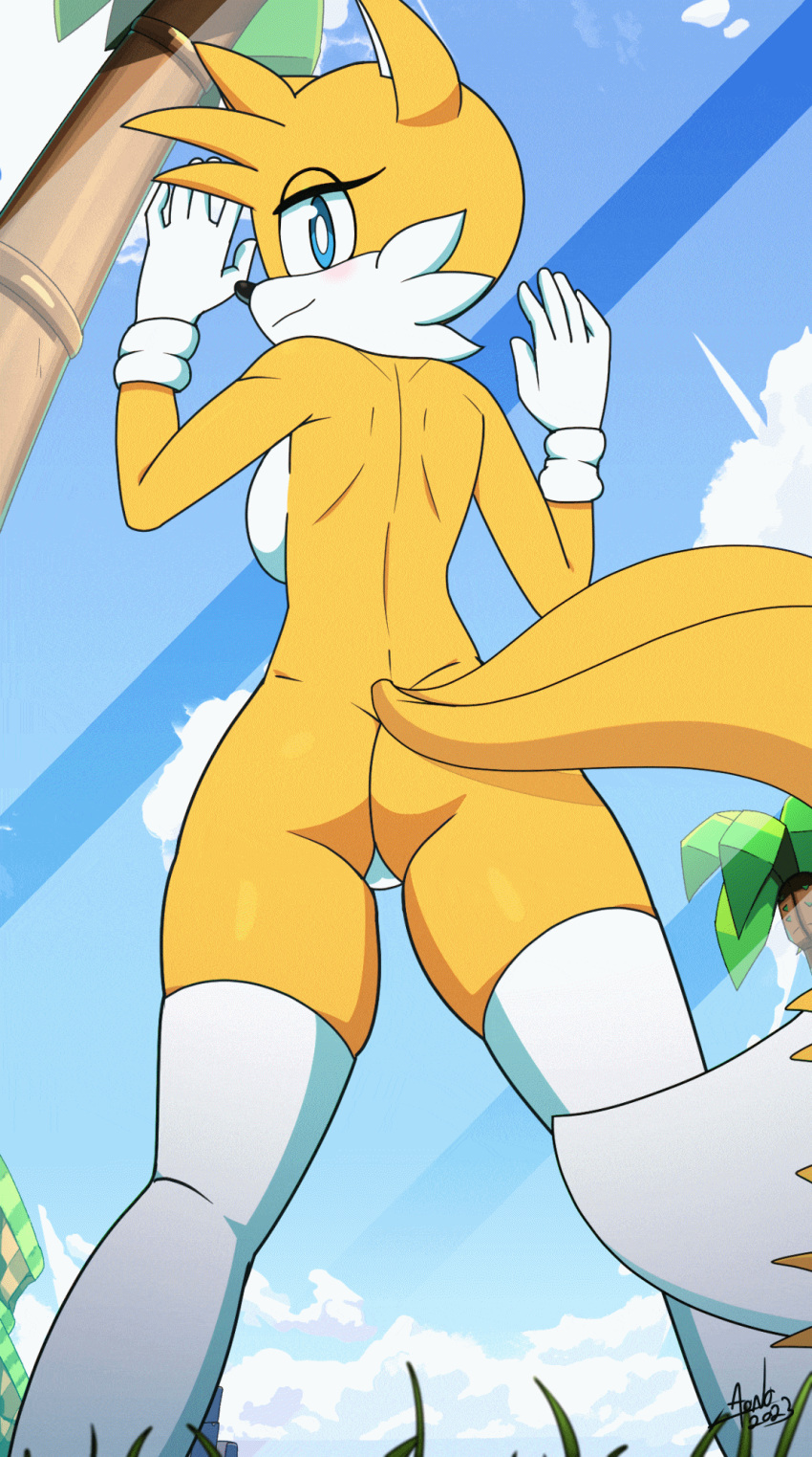 animated anthro aonoexorcist100 big_breasts big_butt blue_eyes blush bouncing_breasts breasts butt canid canine crossgender female fox hi_res mammal miles_prower sega shaking_butt solo sonic_the_hedgehog_(series) thigh