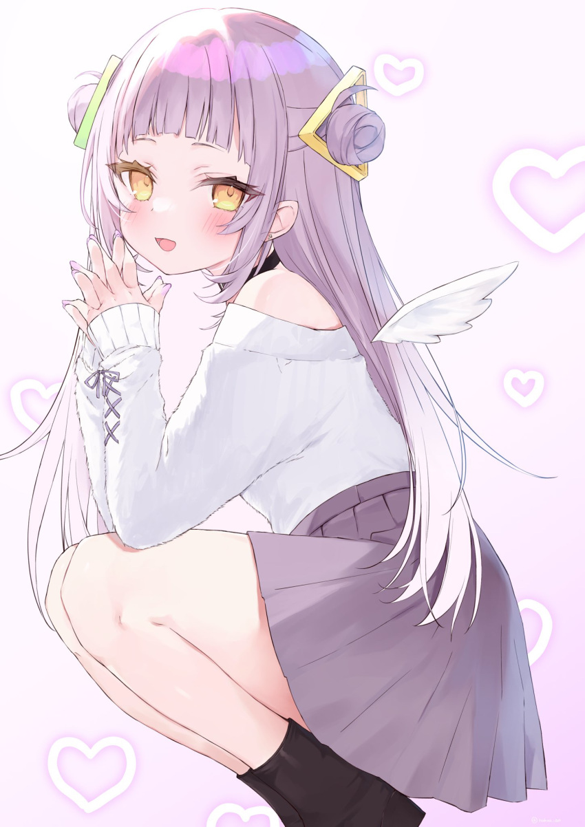 1girl alternate_costume angel_wings arms_on_knees black_choker black_footwear blush choker commentary_request double_bun grey_hair grey_skirt hair_bun hakua_aa heart highres hololive interlocked_fingers long_hair long_sleeves looking_at_viewer mini_wings murasaki_shion off_shoulder open_mouth own_hands_clasped own_hands_together pleated_skirt purple_nails sidelocks skirt solo squatting sweater virtual_youtuber white_sweater white_wings wings yellow_eyes