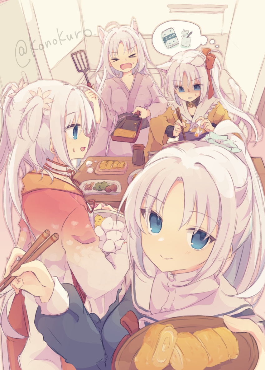 &gt;_&lt; 1girl ahoge angry animal_ears blue_eyes blush bow cat_ears cat_girl cat_tail chopsticks closed_mouth collar commentary cooking cowboy_shot egg flower food frilled_collar frills frown gradient_kimono green_jacket hair_bow hair_flower hair_ornament highres holding holding_chopsticks holding_tray incoming_food indoors jacket japanese_clothes kimono konoquro light_blush long_hair long_sleeves looking_at_viewer miko multiple_persona nervous_smile official_alternate_costume official_alternate_hairstyle omelet open_mouth pajamas pink_flower pink_kimono pink_pajamas ponytail profile red_bow sailor_collar school_uniform senren_banka serafuku shaded_face side_ponytail smile sugar_(food) sweatdrop table tail tamagoyaki thought_bubble tomotake_yoshino tray twintails twitter_username upper_body v-shaped_eyebrows very_long_hair wavy_hair white_collar white_kimono white_sailor_collar wide_sleeves yellow_kimono