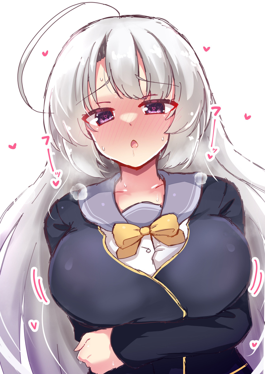 1girl absurdres ahoge arm_at_side arm_under_breasts aroused ayachi_nene black_jacket blush bow breast_hold breasts breath chestnut_mouth colored_eyelashes commentary drooling eyes_visible_through_hair fidgeting full-face_blush furrowed_brow grabbing_own_arm grey_hair grey_sailor_collar hair_between_eyes hakutocake heart heart-shaped_pupils heavy_breathing highres jacket large_breasts long_hair long_sleeves looking_at_viewer motion_lines mouth_drool open_mouth purple_eyes sailor_collar sanoba_witch school_uniform simple_background solo straight-on sweat symbol-shaped_pupils very_long_hair white_background yellow_bow