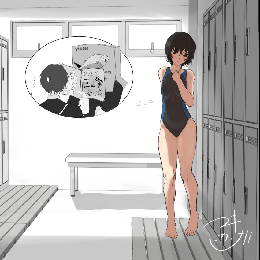 1girl amagami barefoot black_hair black_one-piece_swimsuit breasts brown_eyes commentary_request competition_swimsuit full_body highres locker medium_breasts nanasaki_ai one-piece_swimsuit short_hair solo swimsuit translation_request two-tone_swimsuit yuta-only