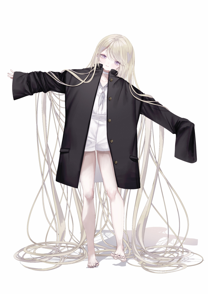 1girl absurdly_long_hair absurdres barefoot black_jacket black_nails blonde_hair blush choker full_body grey_neckerchief highres jacket long_hair looking_at_viewer msa_(fary_white) nail_polish neckerchief open_clothes open_jacket original outstretched_arms oversized_clothes purple_eyes shadow shirt shorts simple_background sleeves_past_fingers sleeves_past_wrists slit_pupils smile solo spread_arms toenail_polish toenails toes very_long_hair white_background white_choker white_shirt white_shorts