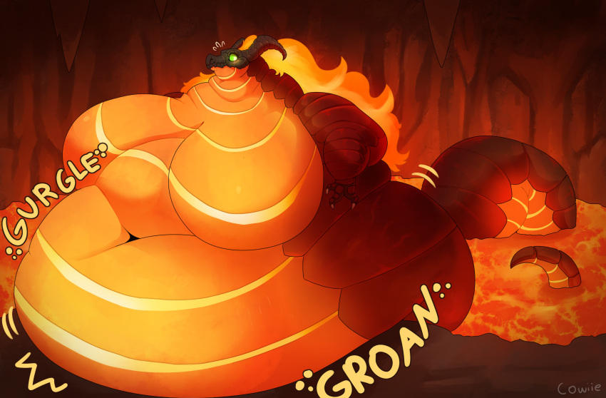 absurd_res anthro belly belly_overhang belly_rolls big_belly big_breasts blush breasts cave_background chubby_cheeks claws cowiie digital_media_(artwork) dragon fat_arms female flabby_arms hi_res huge_breasts huge_thighs hyper hyper_belly lava love_handles male monster morbidly_obese morbidly_obese_anthro morbidly_obese_female navel neck_rolls nintendo obese obese_anthro obese_female ocarina_of_time onomatopoeia overweight overweight_anthro overweight_female overweight_male pudgy_belly rumbling_stomach scalie shocked_expression sloshing_belly solo sound_effects standing tail text the_legend_of_zelda thick_tail thick_thighs volvagia wide_hips wind_waker