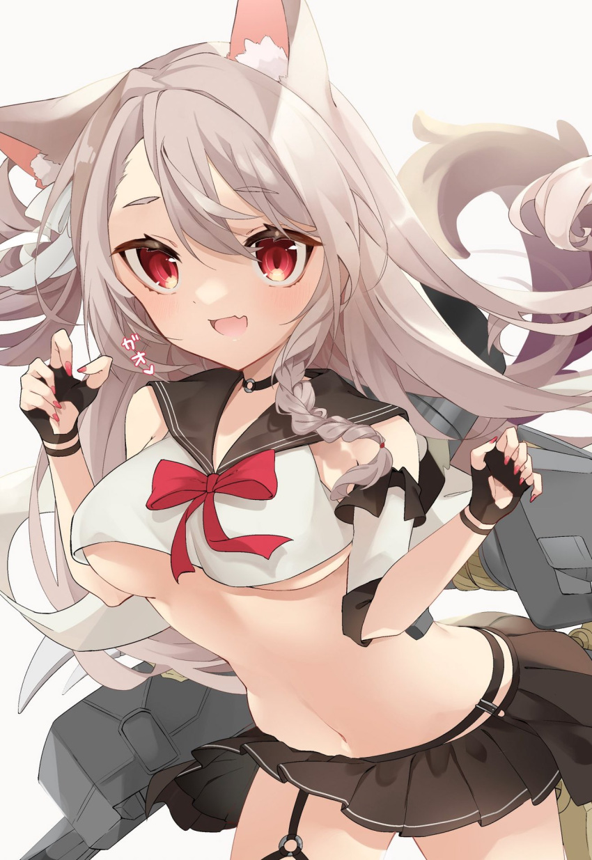 :d animal_ears anniversary azur_lane bare_shoulders black_gloves blonde_hair blush bow bowtie breasts claw_pose commentary_request crop_top cropped_shirt detached_sleeves ebichiri_sunday fang fingerless_gloves garter_straps gloves hair_between_eyes hands_up happy highres leaning_forward long_hair medium_breasts microskirt midriff miniskirt nail_polish navel pleated_skirt red_bow red_bowtie red_eyes red_nails retrofit_(azur_lane) rigging sailor_collar school_uniform serafuku shirt skirt slit_pupils smile tail underboob very_long_hair white_serafuku white_shirt wolf_ears wolf_girl yuudachi_(azur_lane)