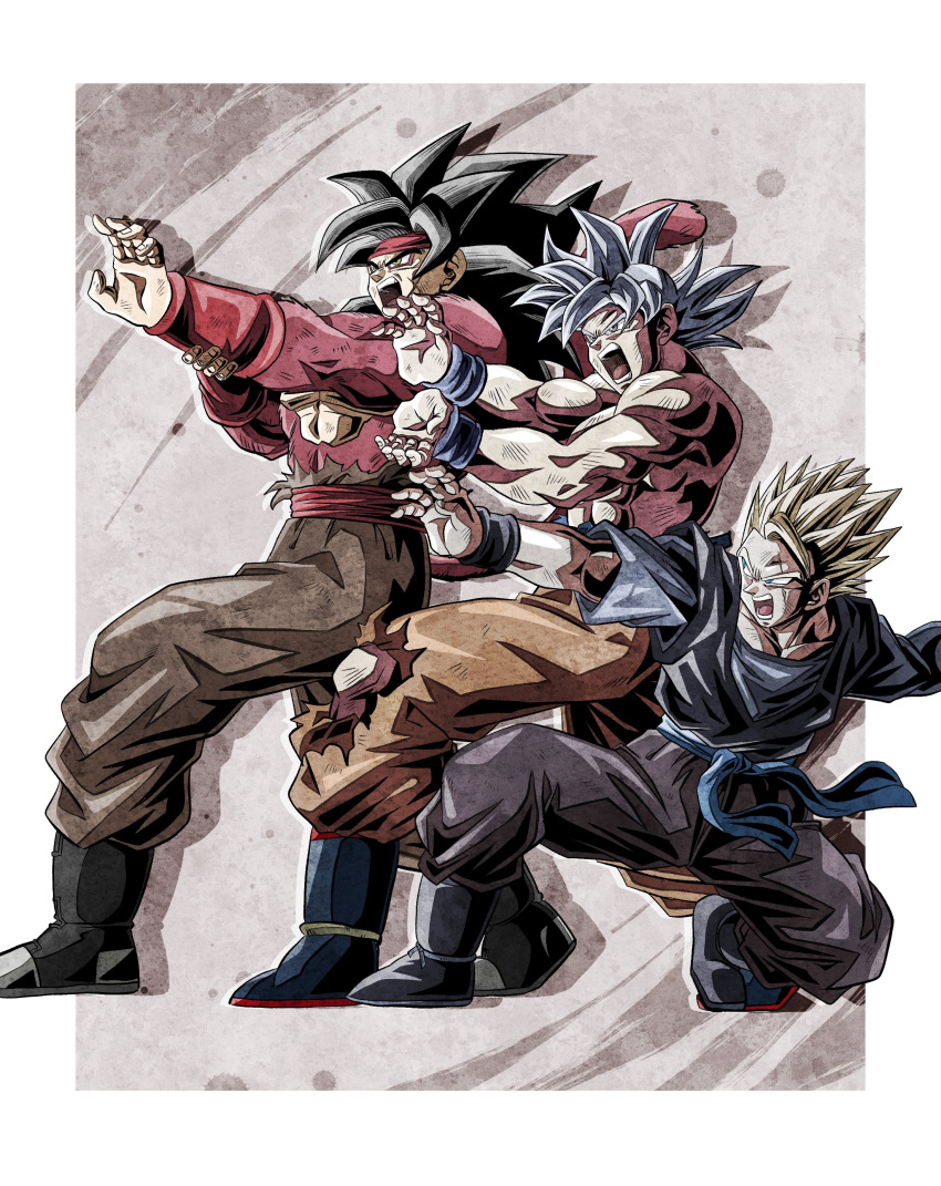 absurdres alternate_universe amputee bardock biceps black_hair blonde_hair blue_eyes body_fur dougi dragon_ball dragon_ball_heroes dragon_ball_super dragon_ball_z highres kamehameha male_focus martial_arts missing_limb monkey_boy monkey_tail multiple_boys muscular muscular_male open_mouth pants pectorals red_fur saiyan sash scar shirt short_hair simple_background son_gohan_(future) son_goku spiked_hair super_saiyan super_saiyan_2 super_saiyan_4 tail teeth ultra_instinct ushi_(akabec0) wristband