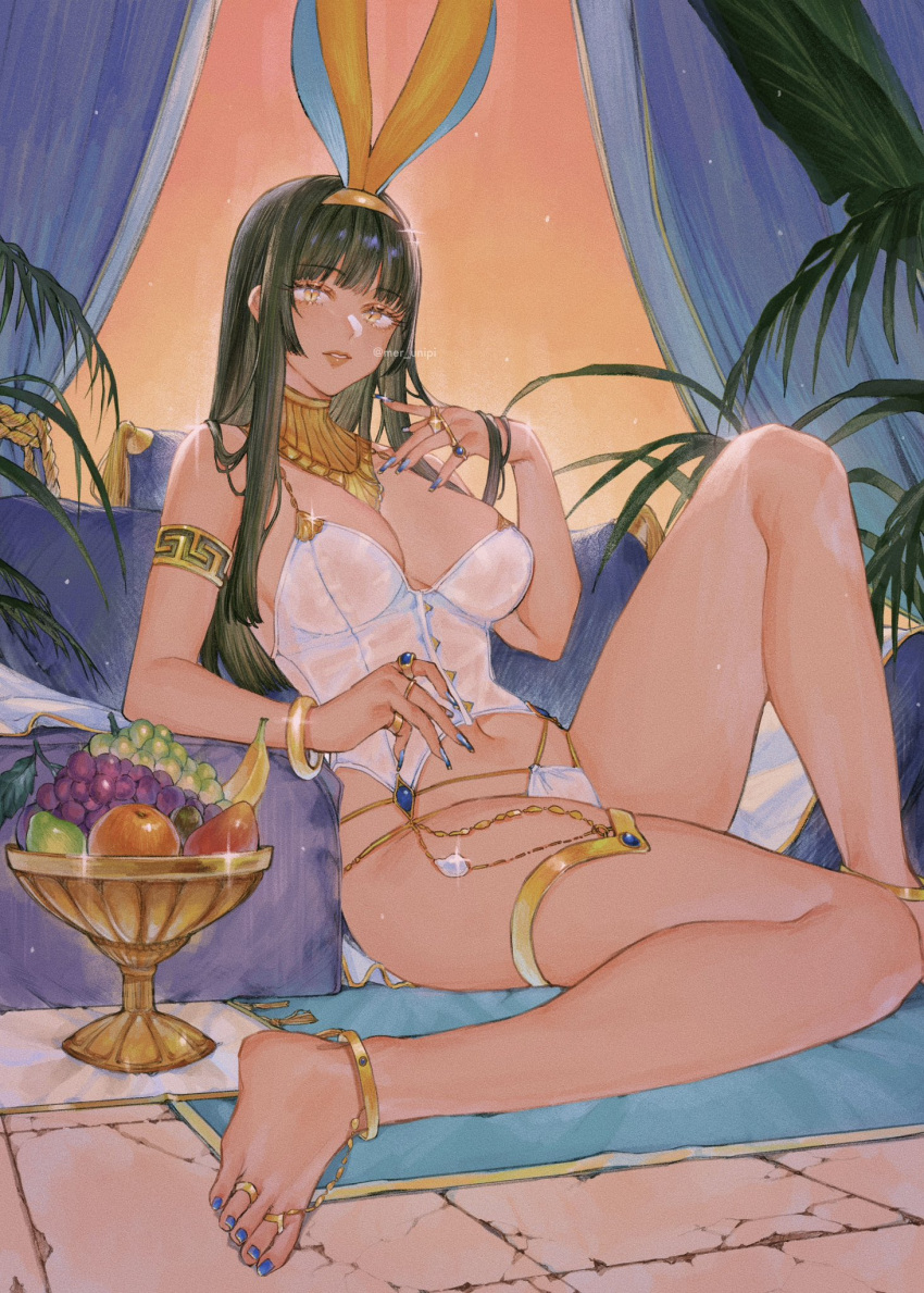 1girl animal_ears anklet armlet bare_arms bare_shoulders black_hair blue_nails blunt_bangs bracelet breasts breasts_apart bustier curtains cushion dark_skin english_commentary eyelashes eyeshadow fake_animal_ears feet fingernails food foreshortening fruit fruit_cup gem glint highres hime_cut jewelry knee_up large_breasts legs lingerie lipstick long_fingernails long_hair looking_at_viewer makeup mascara nail_polish navel original panties parted_lips plant rabbit_ears reclining ring shiny_skin sidelocks solo straight_hair toe_ring toenail_polish toenails toes twitter_username underwear uni_(melm) usekh_collar white_bustier white_panties wristband yellow_eyes