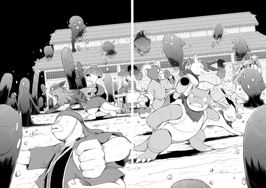 4_arms action_pose action_scene all_fours angry anthro asian_clothing battle blastoise blaziken breloom building claws clothing comic east_asian_clothing eeveelution feral fight fighting_pose generation_1_pokemon generation_2_pokemon generation_3_pokemon generation_4_pokemon greyscale group hi_res hisuian_arcanine hisuian_form horn houndoom japanese_clothing leafeon looking_at_another machamp monochrome multi_arm multi_limb nintendo outside petrification pokemon pokemon_(species) pokemon_mystery_dungeon pose punch regional_form_(pokemon) scared scarf sceptile sculpture shadow_creature statue surrounded void_shadow worried yamatokuroko965 zangoose
