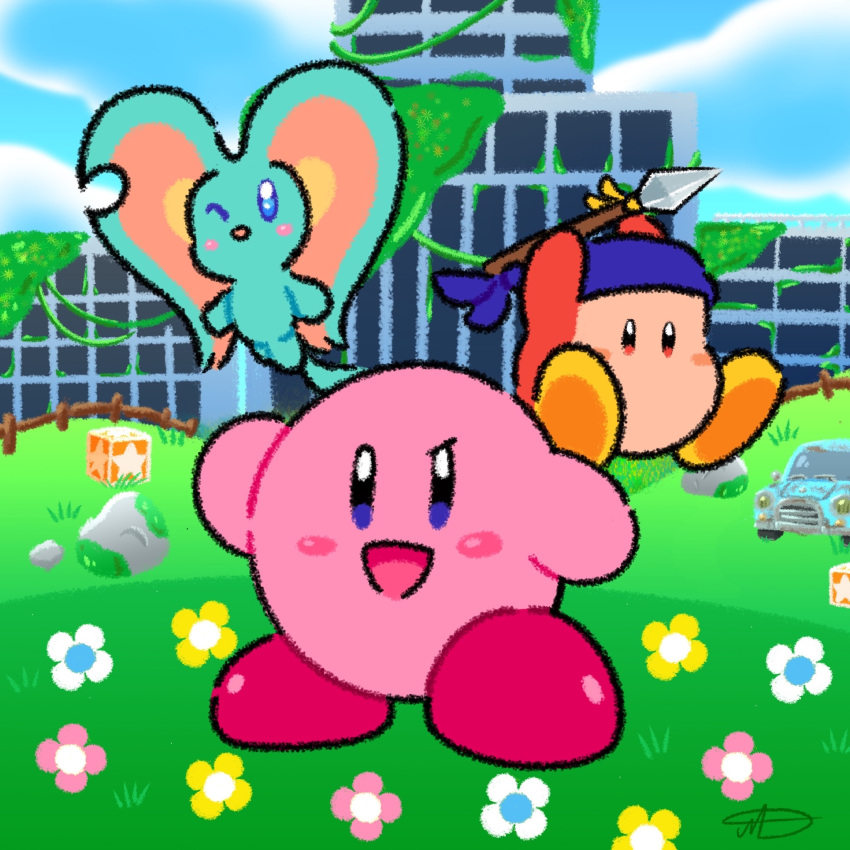 3boys bandana bandana_waddle_dee blue_bandana blue_eyes blue_sky blush_stickers car city cloud elfilin english_commentary field flower flower_field highres holding holding_polearm holding_weapon jradical2014 jumping kirby kirby_(series) kirby_and_the_forgotten_land motor_vehicle multiple_boys no_humans no_mouth one_eye_closed open_mouth polearm red_footwear rock ruins signature sky smile spear star_block weapon yellow_footwear