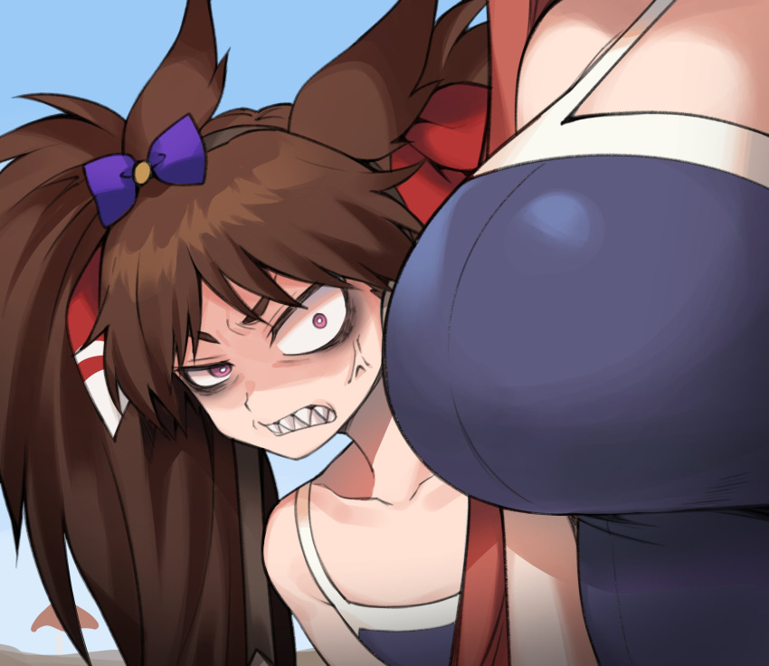 2girls anger_vein angry animal_ears bow breast_envy bright_pupils brown_hair clenched_teeth collarbone commentary competition_school_swimsuit daiwa_scarlet_(umamusume) dream_journey_(racehorse) ear_bow eyebrows_hidden_by_hair fukuro_(maruaru00) furrowed_brow genderswap genderswap_(mtf) height_difference highres horse_ears horse_girl long_hair multiple_girls original personification purple_bow purple_eyes school_swimsuit sharp_teeth sideways swimsuit teeth twintails umamusume veins