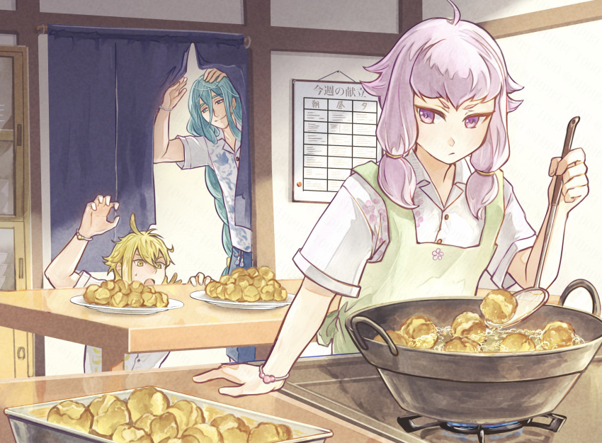 3boys androgynous apron aqua_hair arm_support arm_up blonde_hair blue_shorts bracelet braid braided_ponytail bulletin_board cabinet casual chatan_nakiri_(touken_ranbu) chiganemaru_(touken_ranbu) chiyoganemaru_(touken_ranbu) collared_shirt cooking cooking_oil cooking_pot counter curtains deep_frying dress_shirt flipped_hair floral_print food_request food_theft green_apron hair_between_eyes hand_up hands_up hibiki_10000 hiding highres indoors jewelry kitchen looking_at_another looking_down multiple_boys plate print_shirt purple_eyes purple_hair reaching shirt short_hair short_hair_with_long_locks short_sleeves shorts sidelocks sideways_glance smile standing stove strainer table touken_ranbu tray yellow_eyes