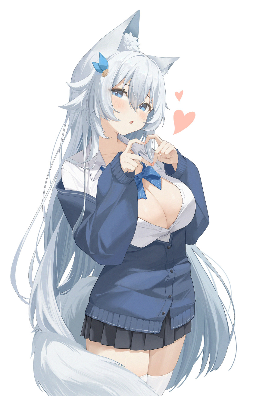 1girl absurdres animal_ear_fluff animal_ears blue_eyes breasts cleavage heart heart_hands highres large_breasts long_hair looking_at_viewer midori_xu miniskirt off_shoulder open_mouth original pleated_skirt simple_background skirt solo tail thighhighs white_background white_hair white_thighhighs