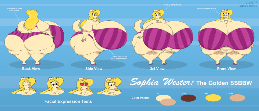 &lt;3 &lt;3_eyes 2017 absurd_res anthro belly big_belly big_breasts big_butt bird_dog blonde_hair bottomwear breasts brown_eyes butt canid canine canis clothing color_swatch copyright_symbol domestic_dog english_text eyes_closed facial_expressions female footwear front_view fur golden_retriever hair hi_res huge_breasts huge_butt huge_thighs hunting_dog hyper hyper_breasts hyper_butt mammal model_sheet morbidly_obese morbidly_obese_anthro morbidly_obese_female obese obese_anthro obese_female open_mouth overweight overweight_anthro overweight_female rear_view retriever sandals satsumalord side_view solo sophia_wester symbol tan_body tan_fur text thick_thighs three-quarter_view topwear