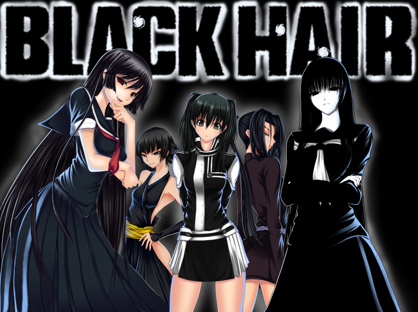 5girls black_eyes black_hair black_serafuku bleach closed_mouth commentary_request crossover d.gray-man english_text fangs grey_eyes hagoromo_gitsune hand_on_own_chin hand_on_own_hip highres kaibutsu_oujo kamura_reiri kousaka_shigure lenalee_lee long_hair long_sleeves looking_at_viewer medium_hair multiple_girls nurarihyon_no_mago open_mouth pleated_skirt ponytail red_eyes school_uniform serafuku shijou_saikyou_no_deshi_ken'ichi short_hair simadu-kazuhisa skirt smile standing sui-feng twintails very_long_hair