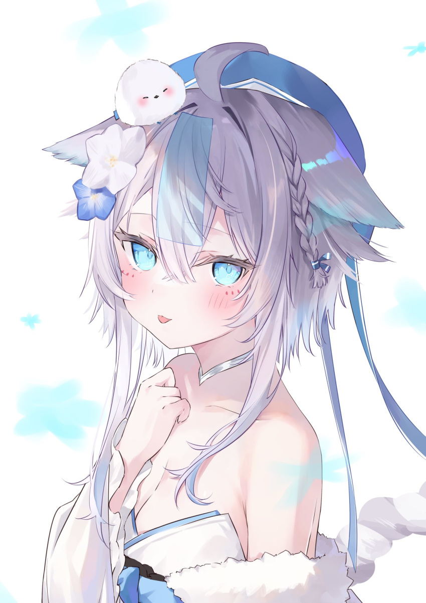 1girl ahoge animal_ears animal_on_head beret bird bird_on_head blue_eyes blue_headwear blush breasts cleavage commission grey_hair hakua_aa hat highres indie_virtual_youtuber looking_at_viewer on_head short_hair_with_long_locks skeb_commission solo tongue tongue_out urameshi_conta