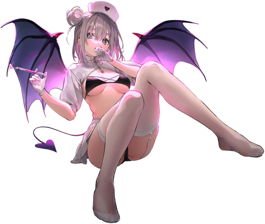 1girl azur_lane bat_(animal) bat_wings black_bra black_panties black_underwear bra demon_tail dsmile garter_straps gloves green_eyes grey_hair halloween hand_on_own_face hat highres logo manchester_(azur_lane) manchester_(midnight_devil_in_white)_(azur_lane) nurse nurse_cap official_alternate_costume official_art panties pumpkin short_hair short_sleeves shrug_(clothing) sitting syringe tail thighhighs tree underwear white_gloves white_thighhighs wings