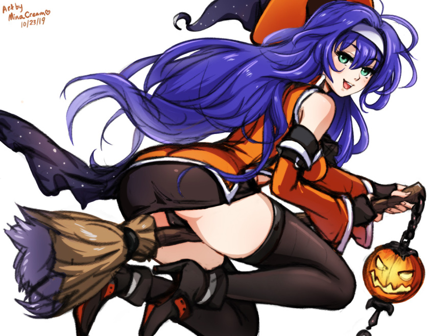 1girl artist_name bare_shoulders black_gloves black_thighhighs broom broom_riding dated detached_sleeves elbow_gloves fingerless_gloves fire_emblem fire_emblem:_path_of_radiance fire_emblem:_radiant_dawn fire_emblem_heroes gloves green_eyes hairband hat jack-o'-lantern long_hair mia_(fire_emblem) mina_cream miniskirt official_alternate_costume orange_sleeves skirt smile solo thighhighs white_background white_hairband witch witch_hat