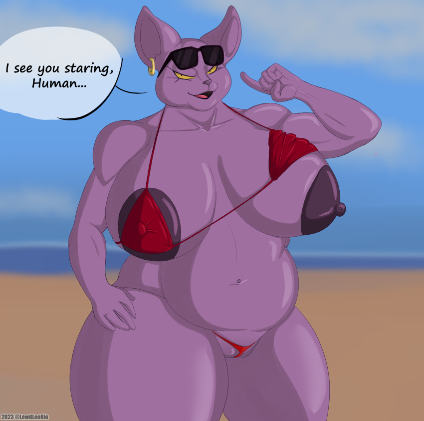 anthro areola beach belly big_areola big_belly big_breasts big_nipples bikini breasts champa chubby_female clothed clothing crossgender digital_media_(artwork) domestic_cat dragon_ball dragon_ball_super ear_piercing ear_ring eyelashes eyewear eyewear_on_head felid feline felis female genitals hairless hairless_cat hi_res huge_breasts ineffective_swimwear klr-rio looking_at_viewer mammal navel nipples outside overweight piercing purple_body pussy raised_bikini raised_clothing raised_swimwear ring_piercing sand sea seaside simple_background sky smile solo speech_bubble sphynx_(cat) sunglasses sunglasses_on_head swimwear text thick_thighs water