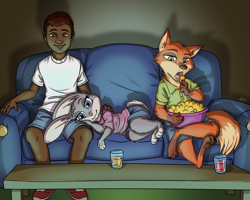 2016 absurd_res anthro barefoot beverage blue_bottomwear blue_clothing blue_shorts bottomwear bowl brown_eyes brown_hair canid canine clothing coffee_table container cup dark_body dark_skin disney eating feet feet_on_table female footwear fox fur furniture green_clothing green_eyes green_shirt green_topwear grey_body grey_fur group hair hand_on_shoulder head_on_lap hi_res human judy_hopps lagomorph leporid male malimarthemage mammal nick_wilde on_lap on_sofa open_mouth orange_body orange_fur pink_clothing pink_shirt pink_topwear purple_eyes quentin_(zylo24) rabbit red_clothing red_footwear red_fox red_shoes shirt shoes shorts signature sitting sitting_on_sofa smile snacks sofa television topwear trio watching_tv white_clothing white_shirt white_topwear zootopia