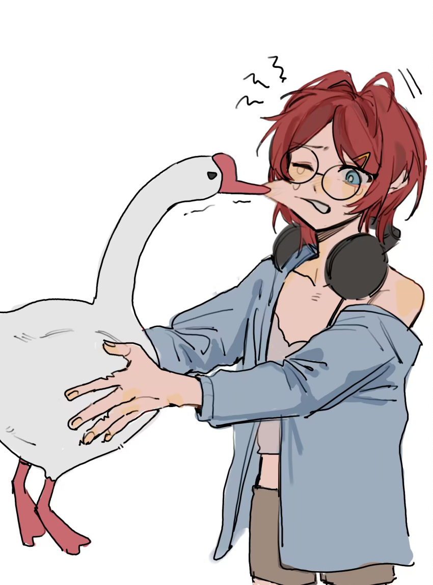 ahoge ange_katrina animal biting camisole cheek_biting goose_(untitled_goose_game) hair_intakes hair_ornament hairclip headphones headphones_around_neck highres holding holding_animal lingyi nijisanji one_eye_closed open_clothes open_shirt pain red_hair round_eyewear short_hair shorts tears untitled_goose_game virtual_youtuber