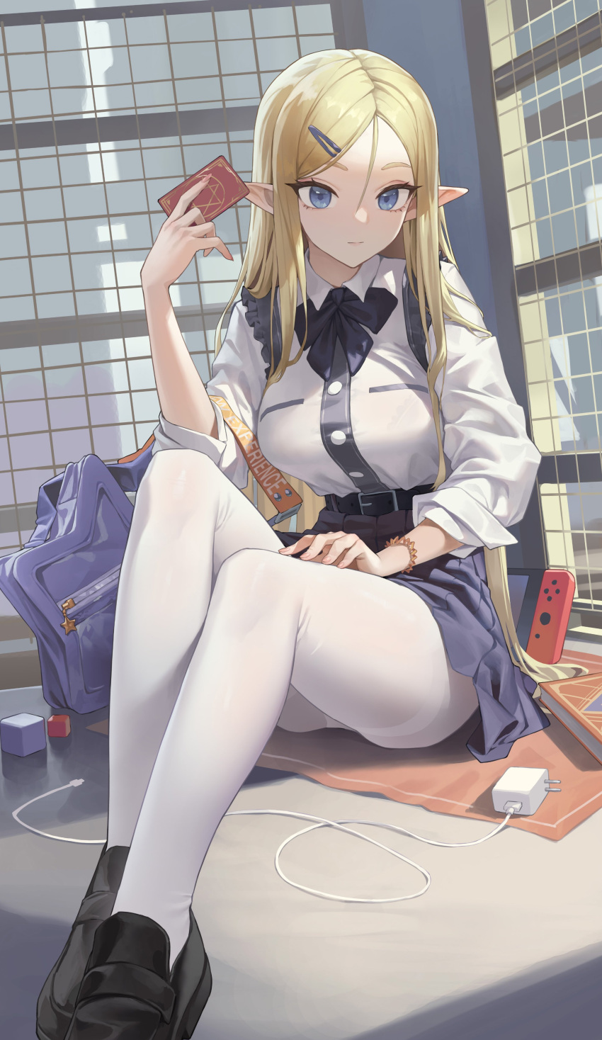 1girl absurdres blonde_hair blue_eyes cable charger elf hair_ornament hairclip highres long_hair nintendo_switch original pantyhose pointy_ears school_uniform shirt sitting skirt solo thighband_pantyhose white_pantyhose white_shirt xzu