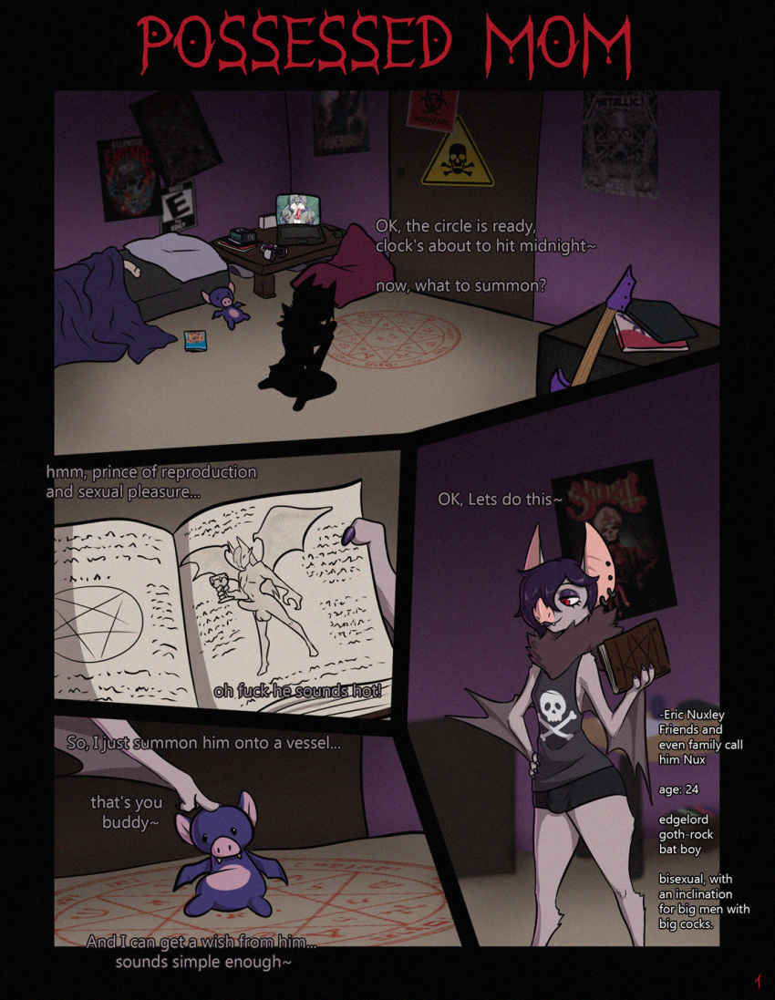 anthro bat bed black_clothing book bottomwear bulge clothing demon dialogue english_text eric_nuxley_(toby_art) eyeshadow furniture girly goth hi_res holding_book holding_object lipstick makeup male mammal pentagram plushie poster ritual shirt shorts solo text toby_art topwear young