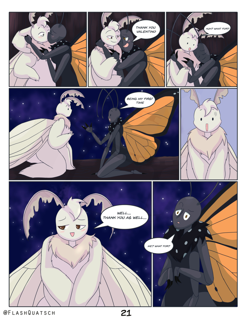 antennae_(anatomy) anthro arthropod blush butterfly comic comic_panel cuddling dialogue duo embrace eyes_closed flashquatsch hi_res hug insect insect_wings kiss_on_lips kissing kneeling lepidopteran lepidopteran_wings log looking_aside male male/male monarch_butterfly moth multi_arm multi_limb rey_(flashquatsch) sky speech_bubble star starry_sky tuft valentino_(flashquatsch) wings wood