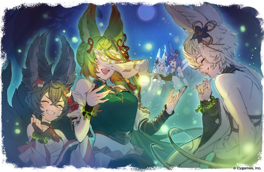 1boy 4girls animal_ears backless_outfit bare_back bare_shoulders black_choker black_hair blonde_hair choker closed_eyes covered_face detached_sleeves erune flower fox_ears fox_tail granblue_fantasy hair_flower hair_ornament highres kou_(granblue_fantasy) looking_at_another minaba_hideo multiple_girls official_art open_mouth red_nails sideless_outfit smile societte_(granblue_fantasy) sui_(granblue_fantasy) tail teeth you_(granblue_fantasy) yuel_(granblue_fantasy)