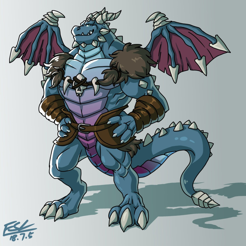 2018 3_toes activision anthro arm_spikes armor barefoot belly_scales belt blue_body blue_eyes blue_scales bone bone_necklace bracers bubba_(spyro) dated digital_media_(artwork) dragon facial_spikes fansl feet hands_on_hips hi_res horn jaw_spikes jewelry male muscular muscular_anthro muscular_male muscular_thighs neck_spikes necklace pecs rescued_dragons_(spyro) scales scalie shadow signature simple_background skull smile solo spiked_tail spikes spikes_(anatomy) spyro_reignited_trilogy spyro_the_dragon standing tail toes tribal_clothing underbite white_horn white_spikes wing_spikes wings