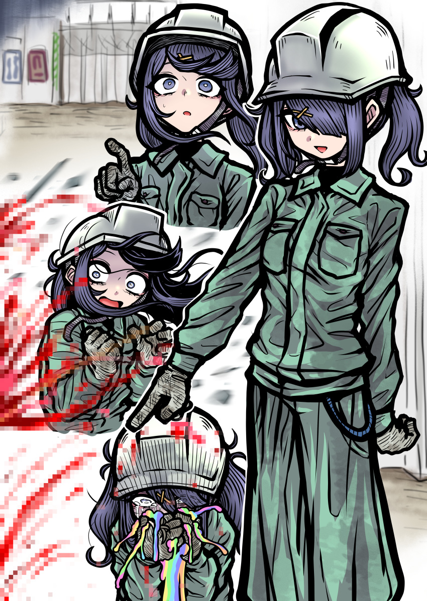 1girl absurdres accident alternate_costume ame-chan_(needy_girl_overdose) black_gloves black_hair black_undershirt blood blood_splatter blood_spray censored commentary_request commission construction_site construction_worker covering_mouth death floating_hair gloves green_jumpsuit grey_eyes hair_ornament hair_over_one_eye hand_to_own_mouth hand_up hardhat helmet highres horrified index_finger_raised jumpsuit long_sleeves looking_at_viewer medium_hair mosaic_censoring multiple_views nazo_no_diaboro needy_girl_overdose one_eye_covered open_mouth out_of_frame rainbow_gradient skeb_commission smile turn_pale twintails vomit vomiting wide-eyed x_hair_ornament